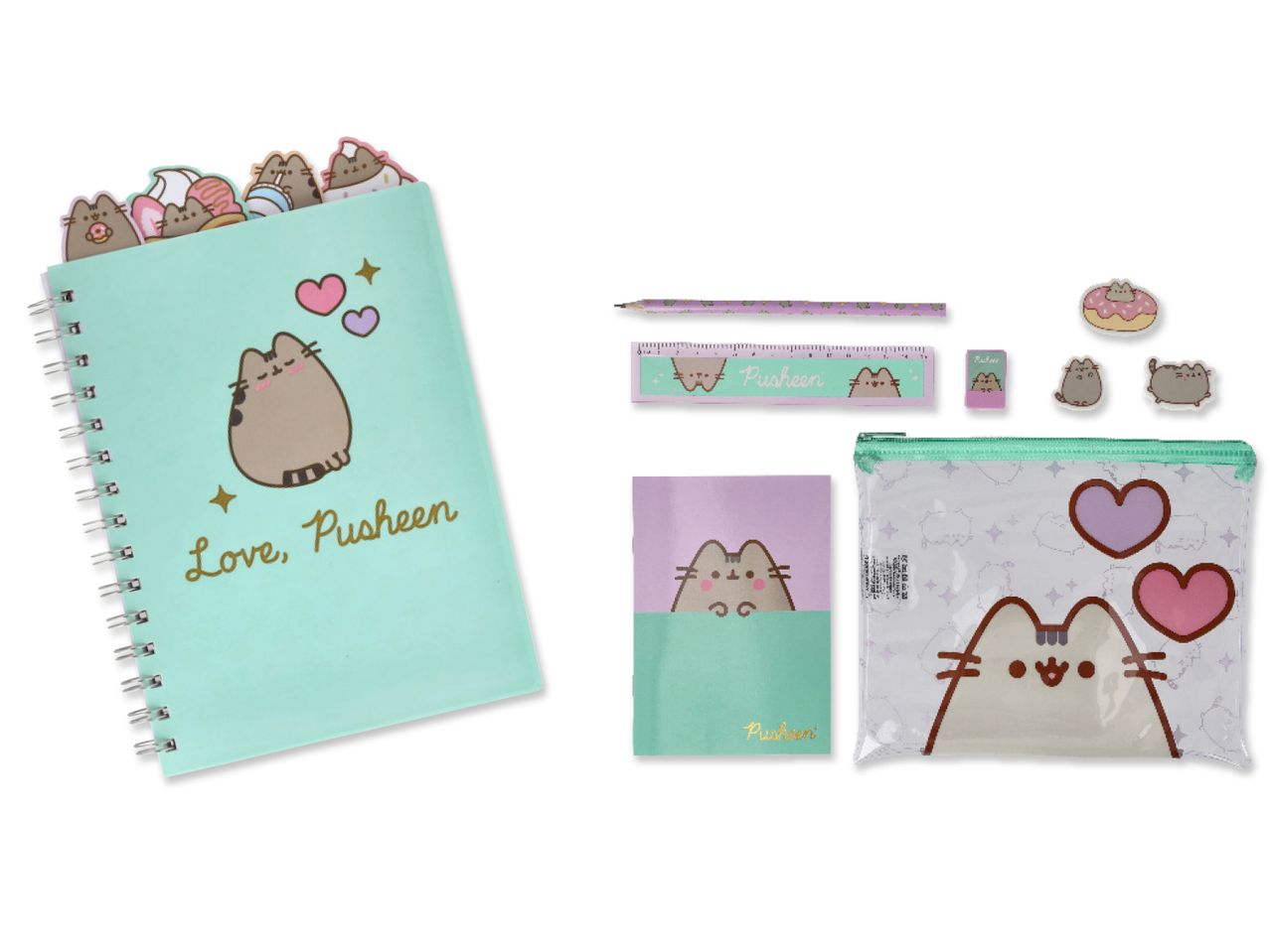 Pusheen bilježnica, pribor za pisanje i torbica s temom mačke.