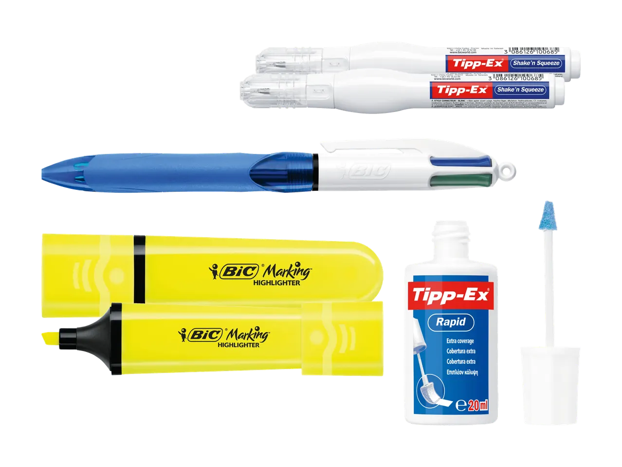 Correcteurs liquides et stylos, surligneurs jaunes, sur fond noir.