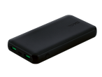 Black power bank with green USB ports and a power button, angled view.
