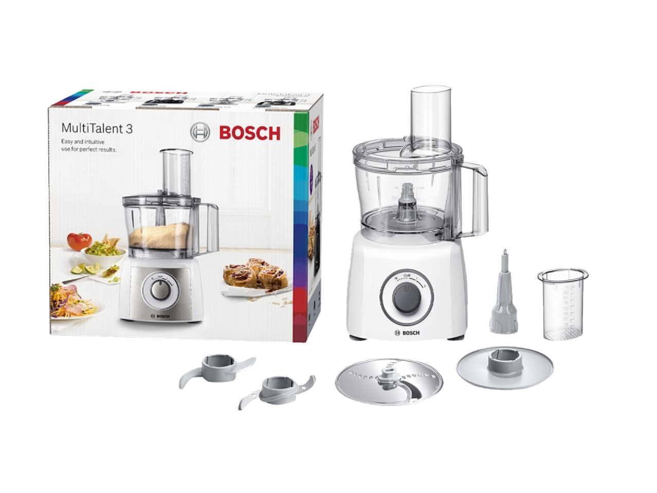 Köögikombain erinevate lisadega ja karbiga, mis näitab selle kasutamist.