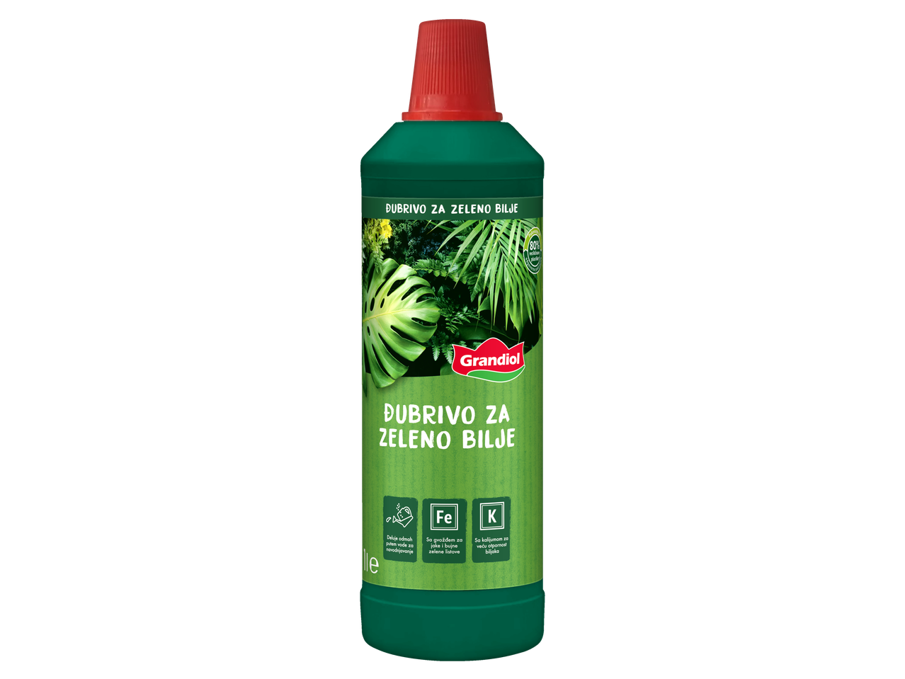 Grandiol đubrivo za zelene biljke u zelenoj boci sa crvenim čepom.