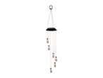 Solar-powered wind chime with small bottles.