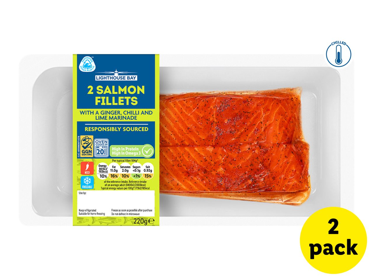 Two salmon fillets with ginger, chili, and lime marinade in a 2-pack, chilled.