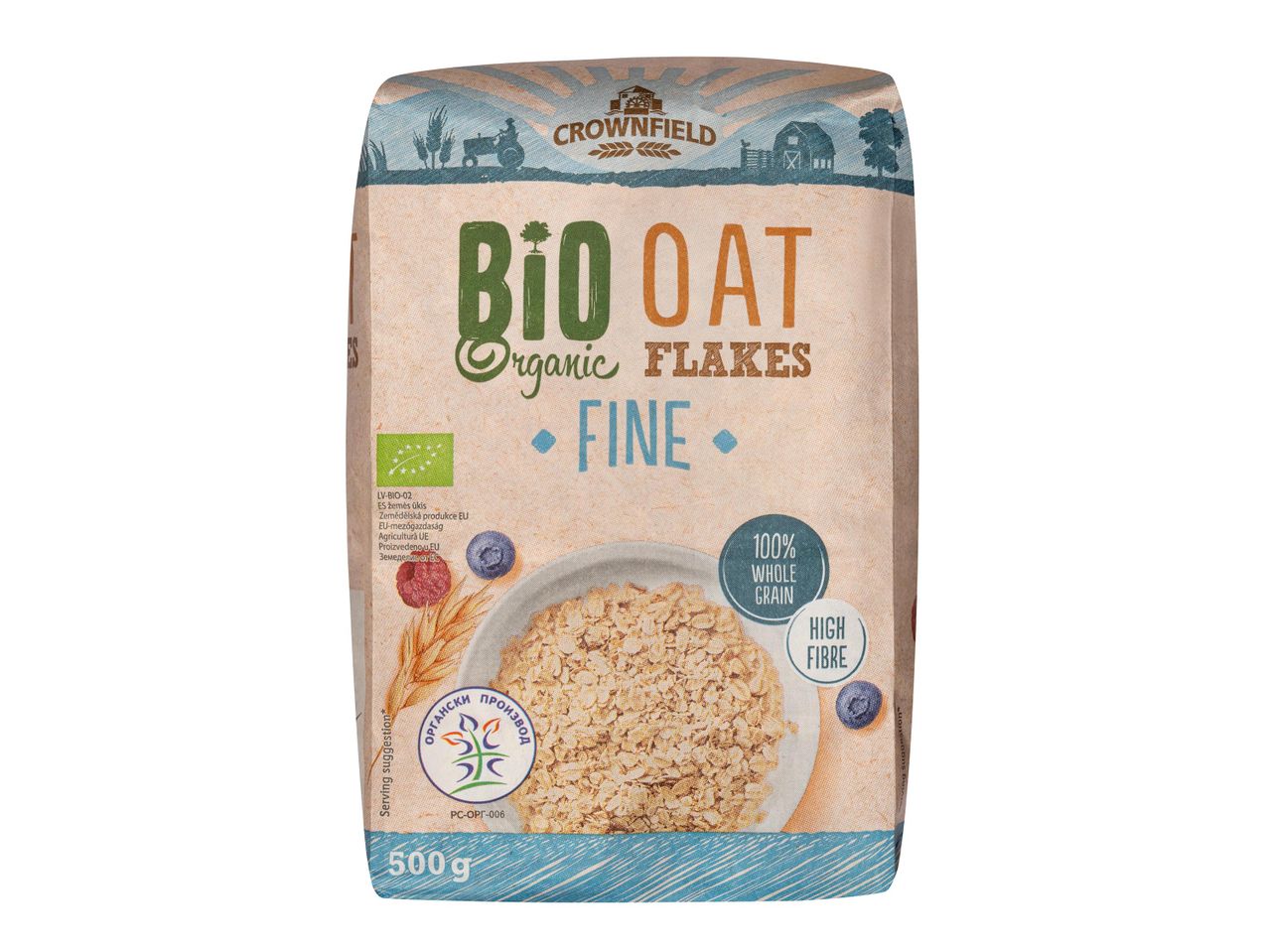 Crownfield Bio Oat zabpehely: bio, finom, teljes kiőrlésű.