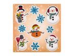 A set of five snowman stickers with various winter accessories and snowflakes.