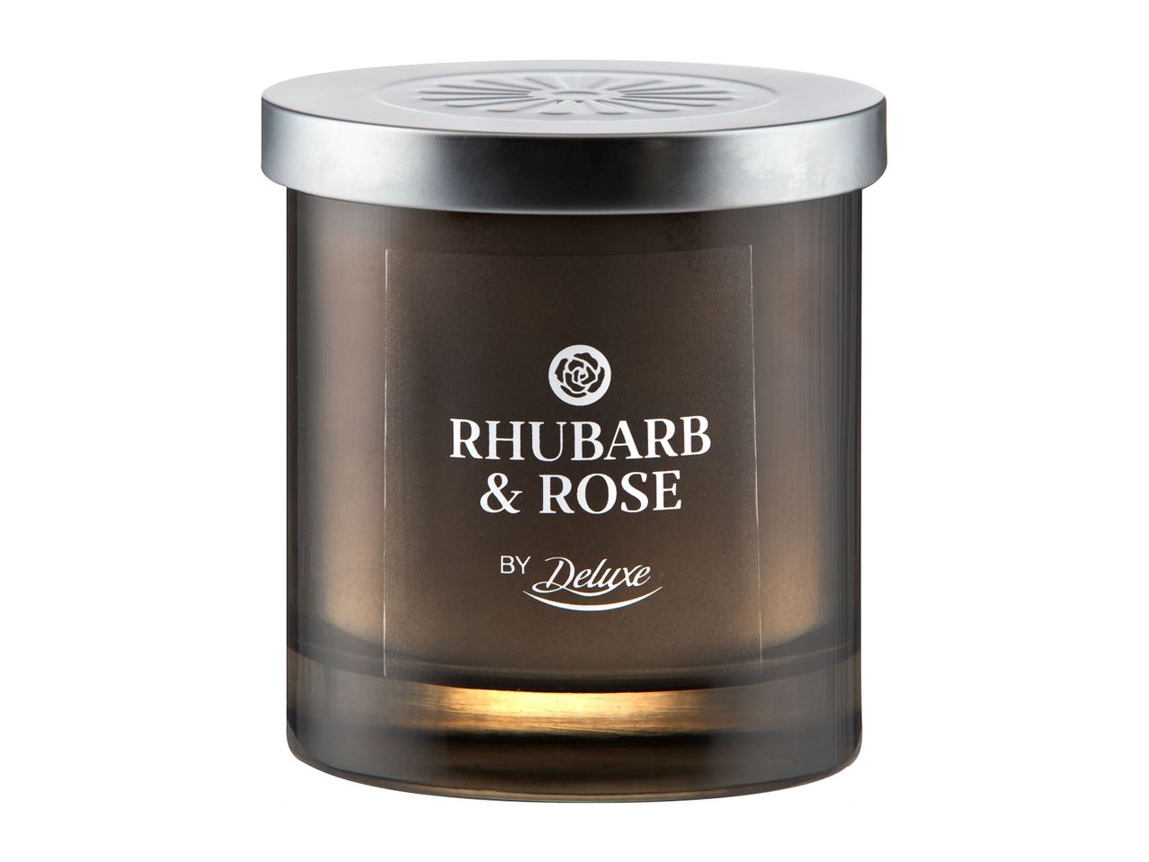 Deluxe Rhubarb & Rose candle in a brown glass jar with a metal lid.