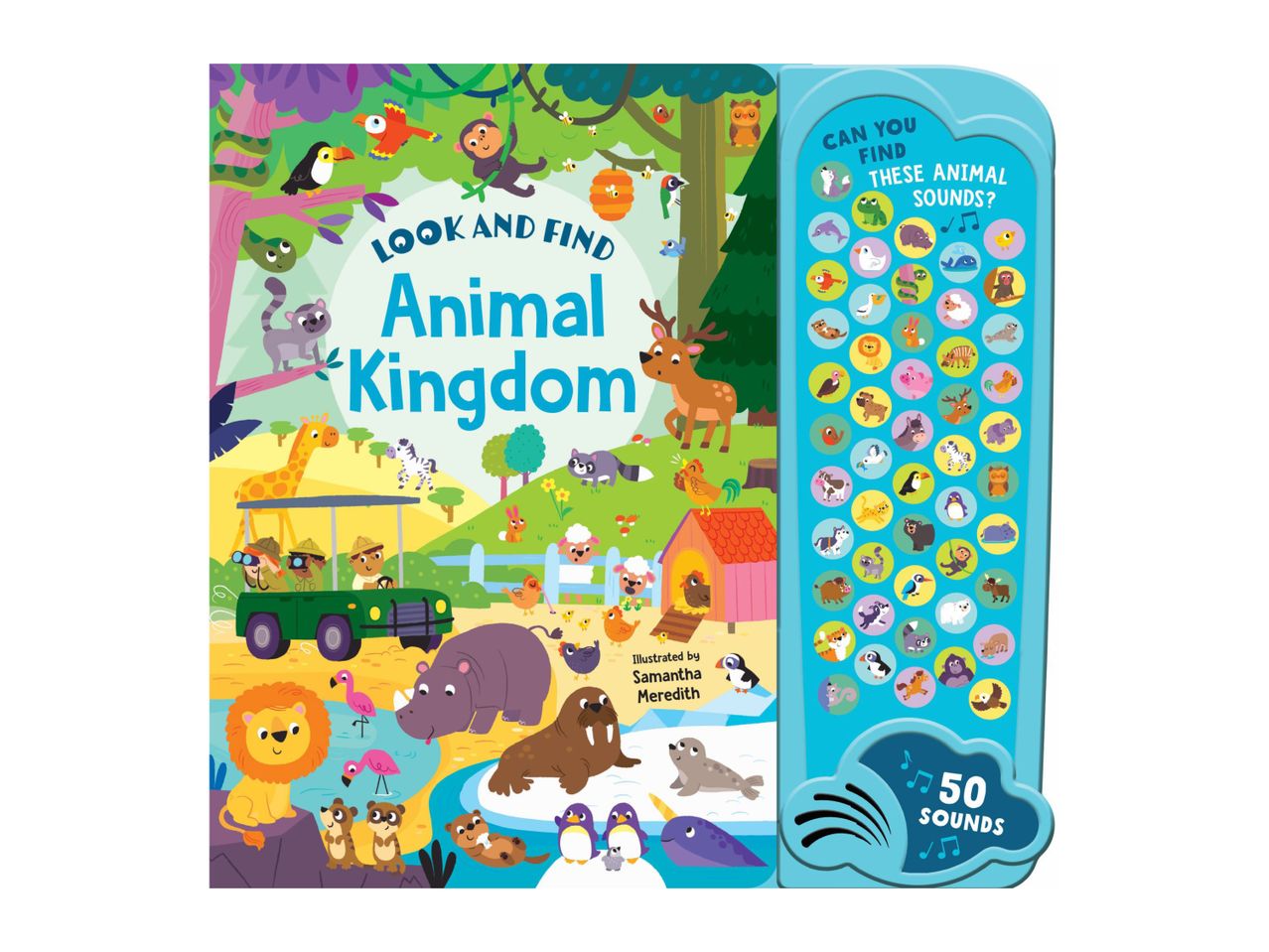 Children's interactive book with animal illustrations and a sound panel featuring 50 animal sounds.