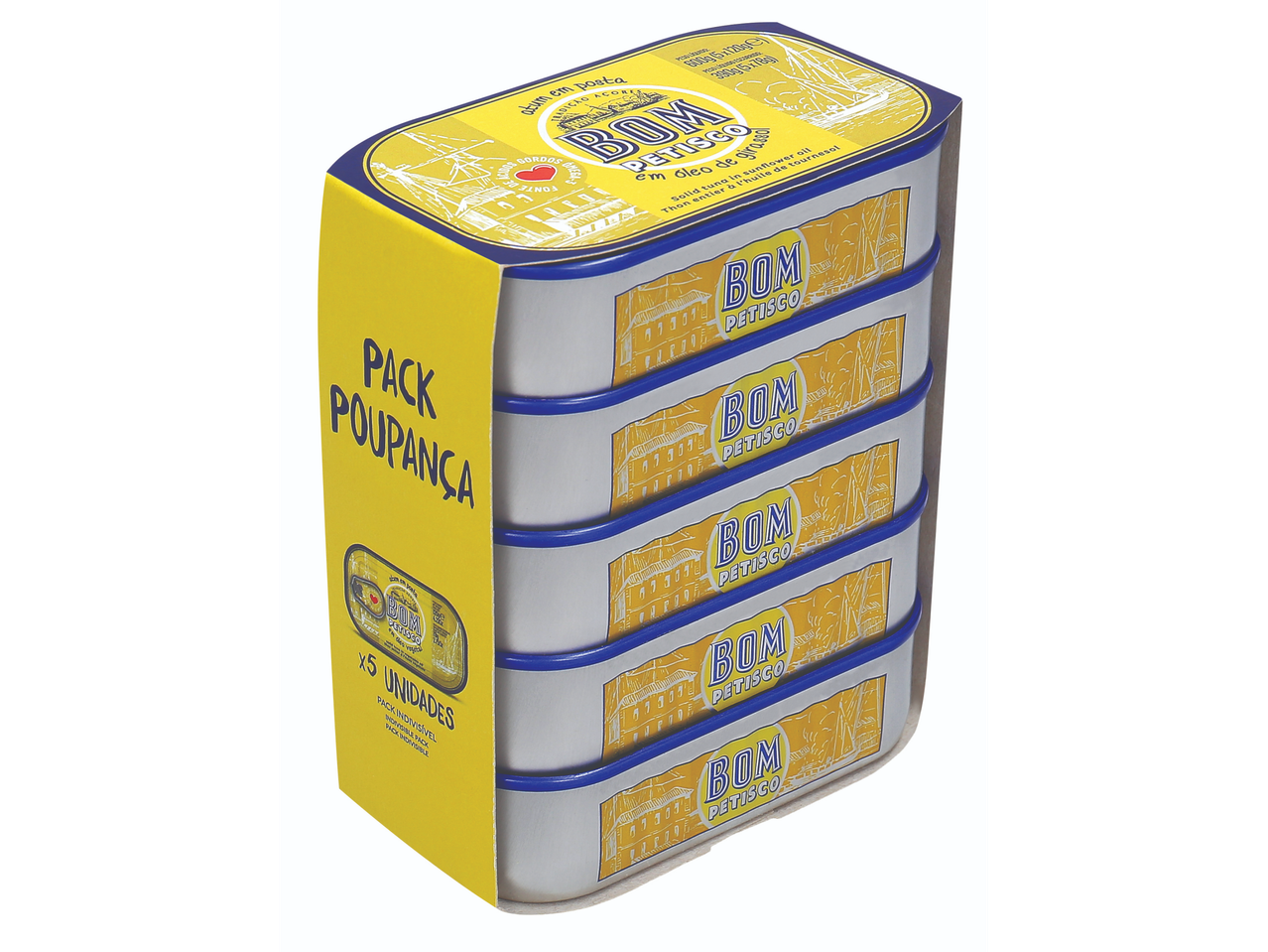 Um pacote de 5 latas de atum sólido em óleo de girassol, com a embalagem amarela e azul.