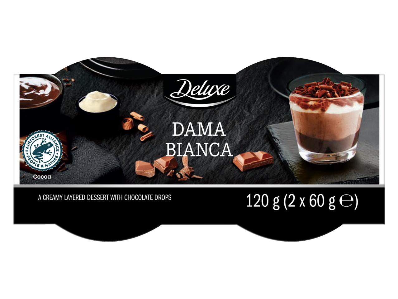 Sluoksniuotas kreminis desertas Dama Bianca Deluxe su šokolado gabalėliais.