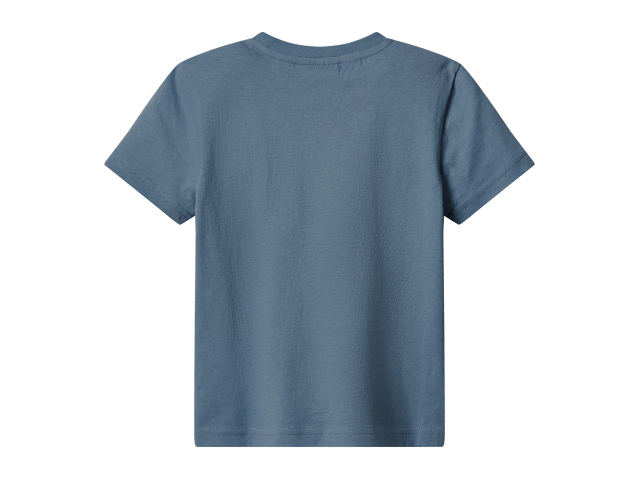 Back view of a plain, steel-blue short-sleeved t-shirt for kids.
