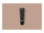 Black hair clipper with a digital display showing 100% battery, centered on a beige background.