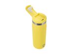 Yellow travel mug with an open lid and a silver band around the top.