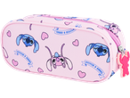 Pink pencil case with Stitch and Angel characters, hearts, and text 