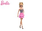 A Barbie doll in a pink skirt and black and white striped top.