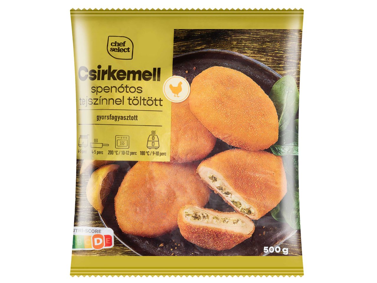 Chef Select csirkemell spenótos tejszínnel töltött gyorsfagyasztott terméke 500g-os kiszerelésben.