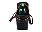 A black bag with orange accents holds a green plastic bottle.