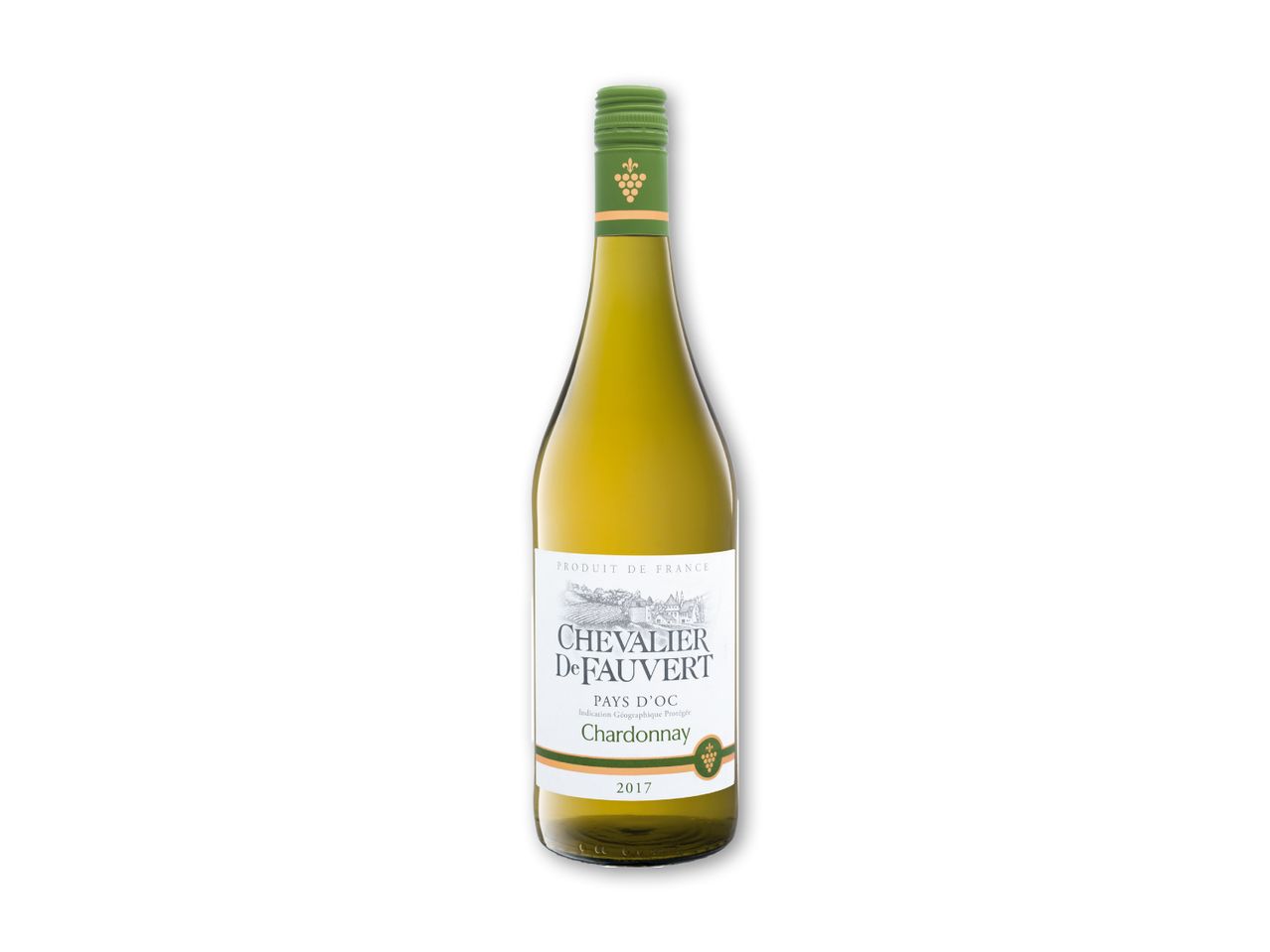 Hvidvin med grøn skruelåg og etiket med et landskabsmotiv og teksten 'Chardonnay 2017'.