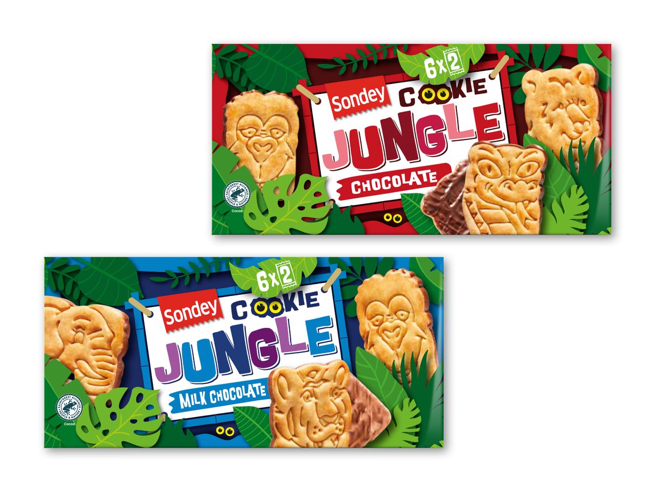 Sondey Cookie Jungle kiks i chokolade og mælkechokolade.