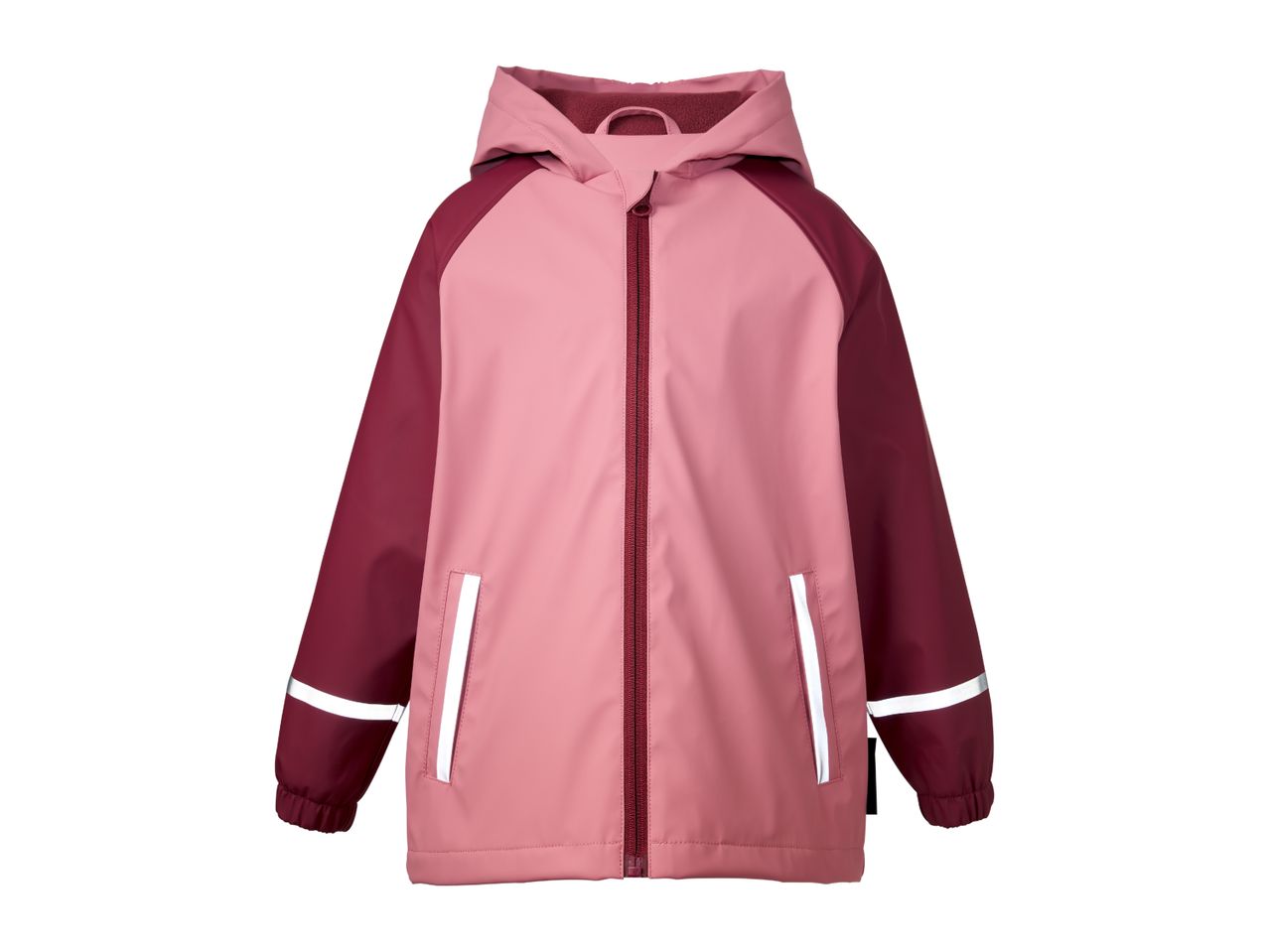 Pink and maroon children's rain jacket with reflective stripes and a hood.