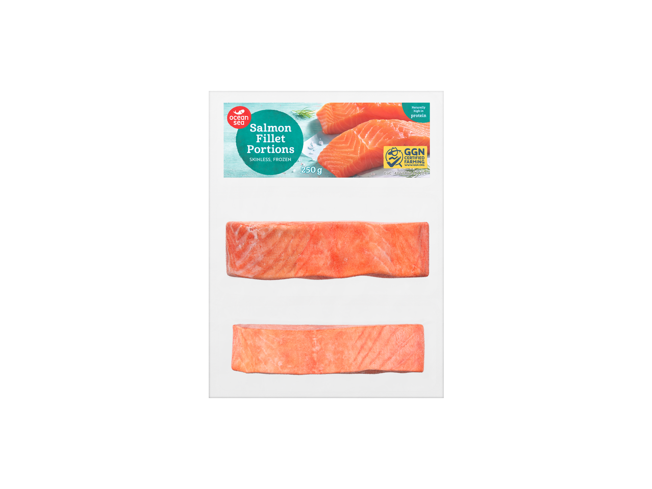 Ocean Sea Porții de file de somon, fără piele, congelate, 250g, bogate în proteine.