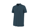 Dark blue men's polo shirt with short sleeves and a collar, presented on a white background.