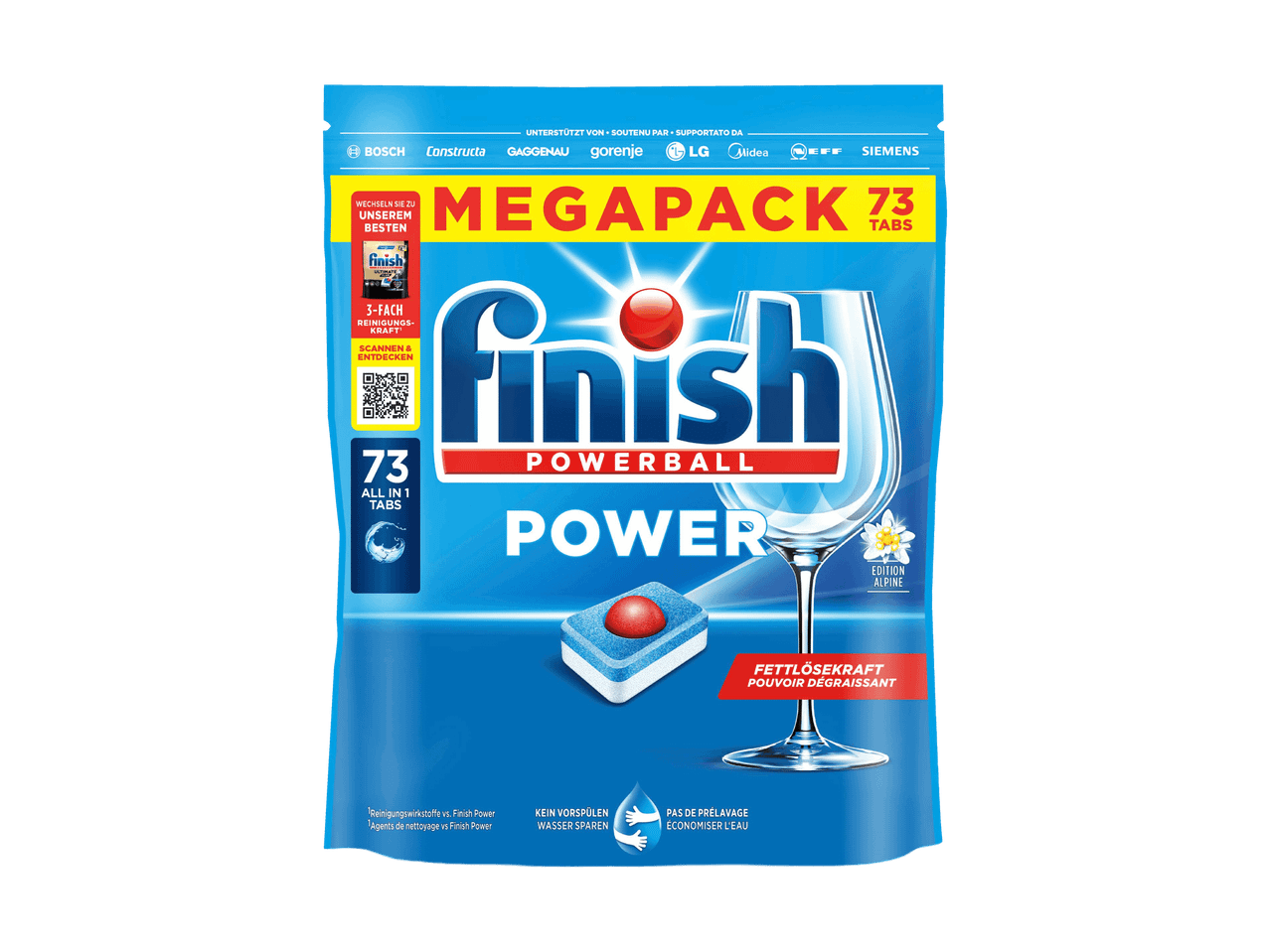Packung mit 73 Geschirrspültabs, Fettlösekraft und Wassersparfunktion.