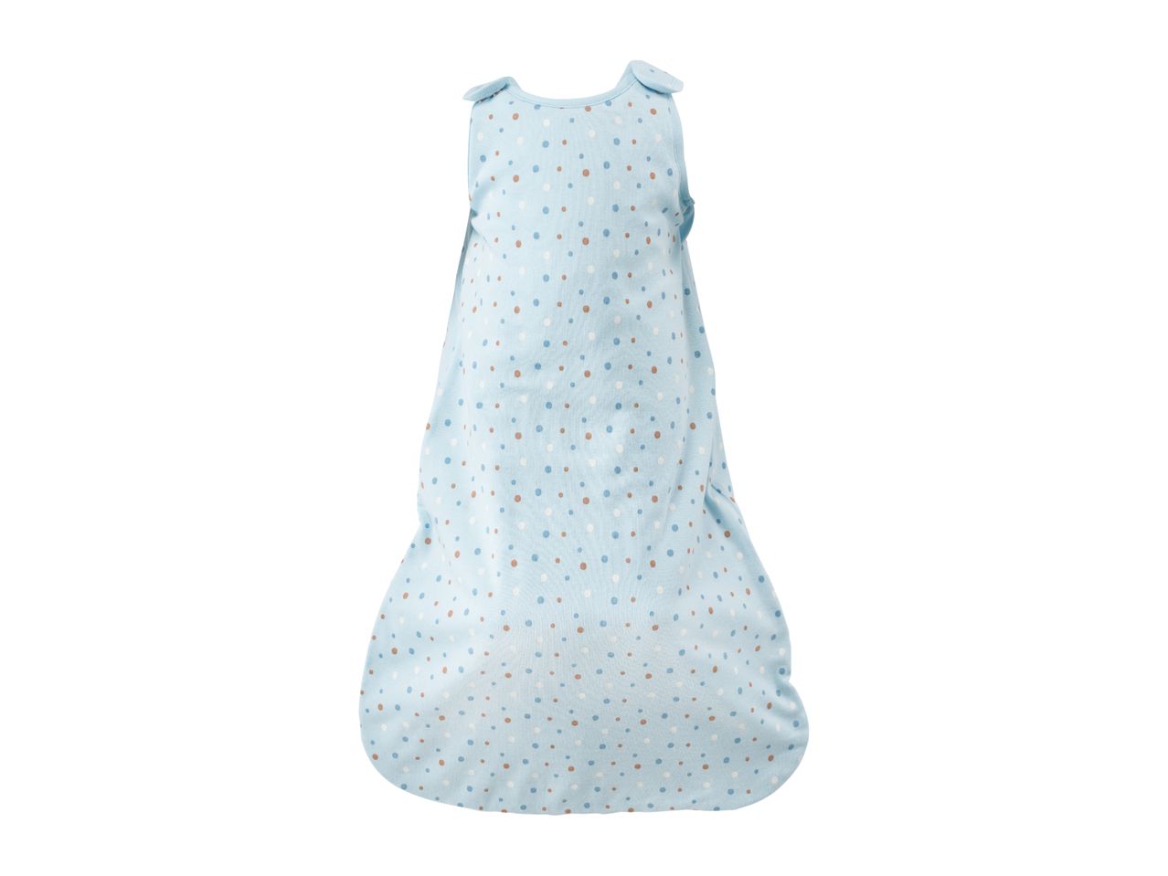 Light blue baby sleeping bag with white, light blue, and brown polka dots.
