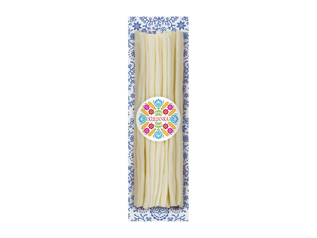 A package of white cheese sticks with a blue and white patterned background and a colorful floral label.