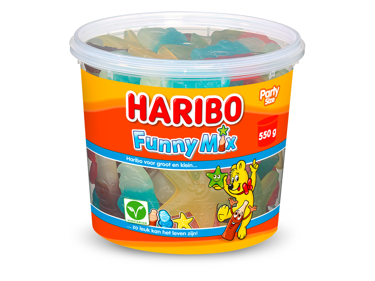 Een grote pot met kleurrijke vegetarische fruitgums in verschillende vormen, waaronder sterren en flessen.