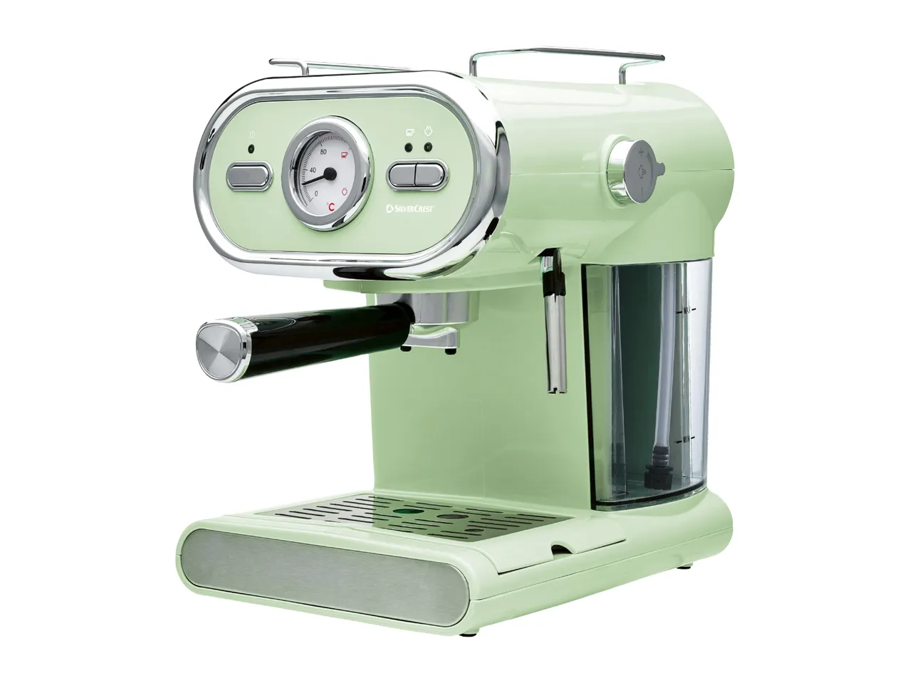 Light green retro-style espresso machine with a temperature gauge and chrome accents.