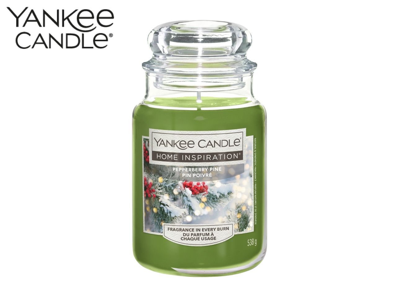 Yankee Candle Home Inspiration Pepperberry Pine candle, 538g, with a festive label.