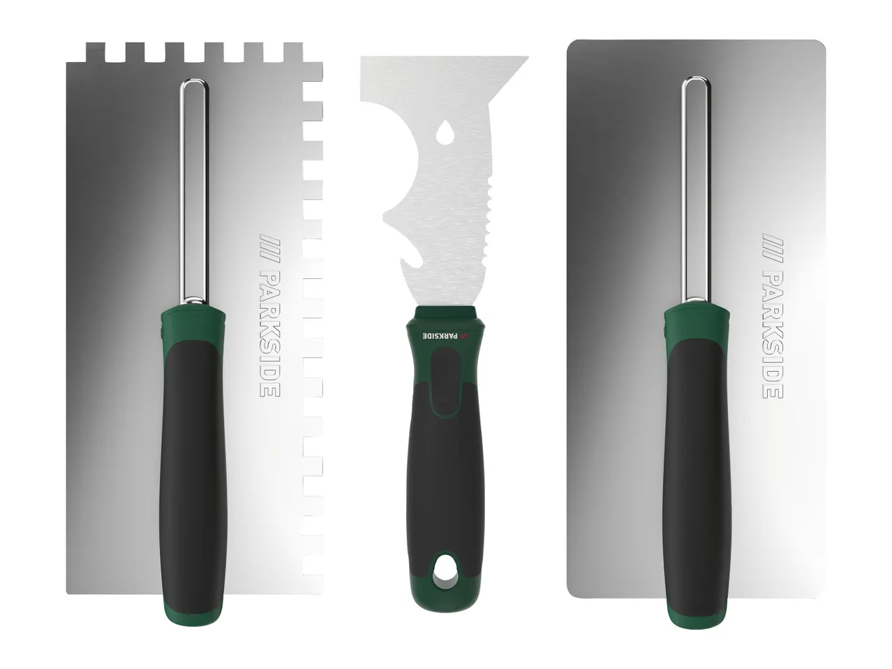 Drei Parkside Spachtel und Kellen mit grünen und schwarzen Griffen.