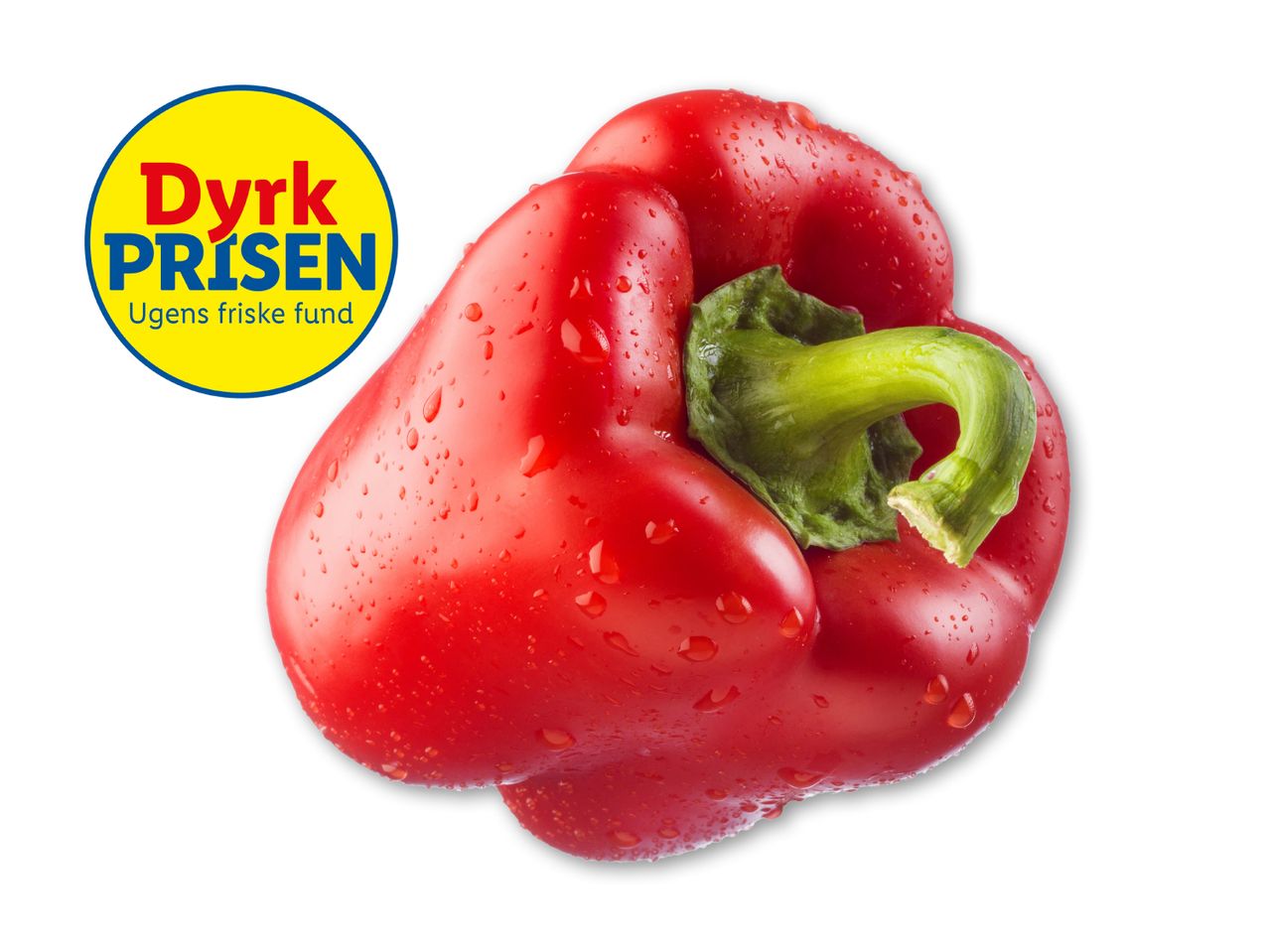 En rød peberfrugt med vanddråber og et gult logo med teksten 'Dyrk PRISEN Ugens friske fund'.