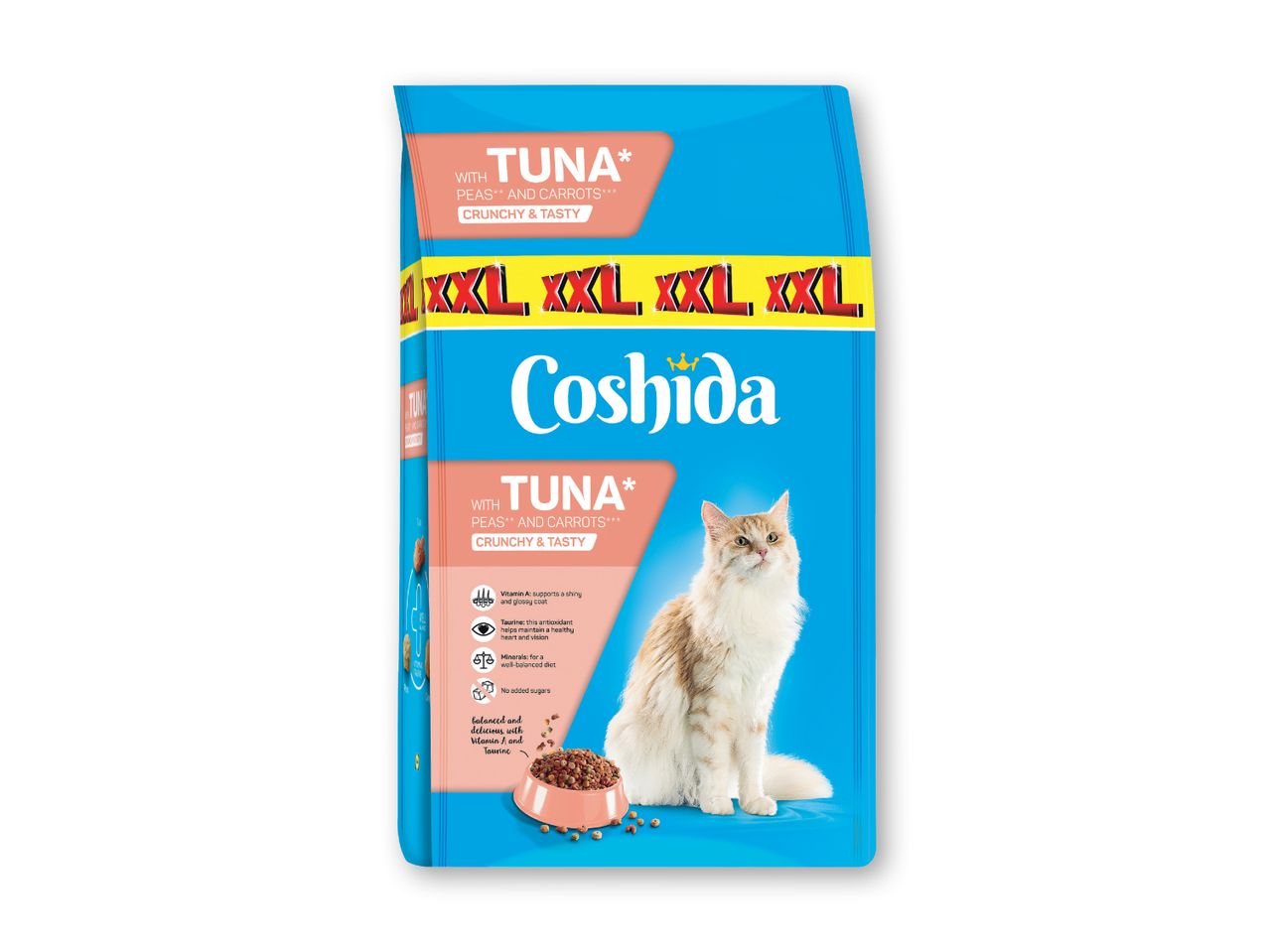 Coshida kattefoder med tun, ærter og gulerødder, der understøtter en skinnende pels og sundt syn.