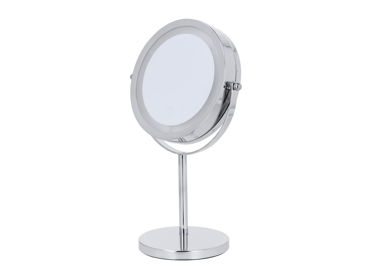 Chrome-plated cosmetic mirror with LED lighting and a round base