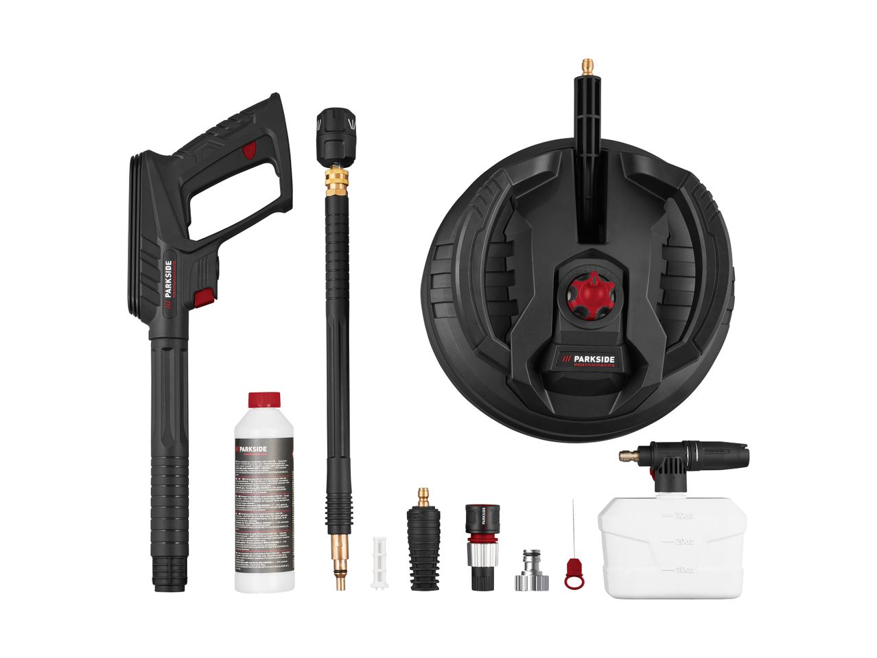 Pressure washer gun, surface cleaner, detergent bottle, and various nozzles for cleaning.