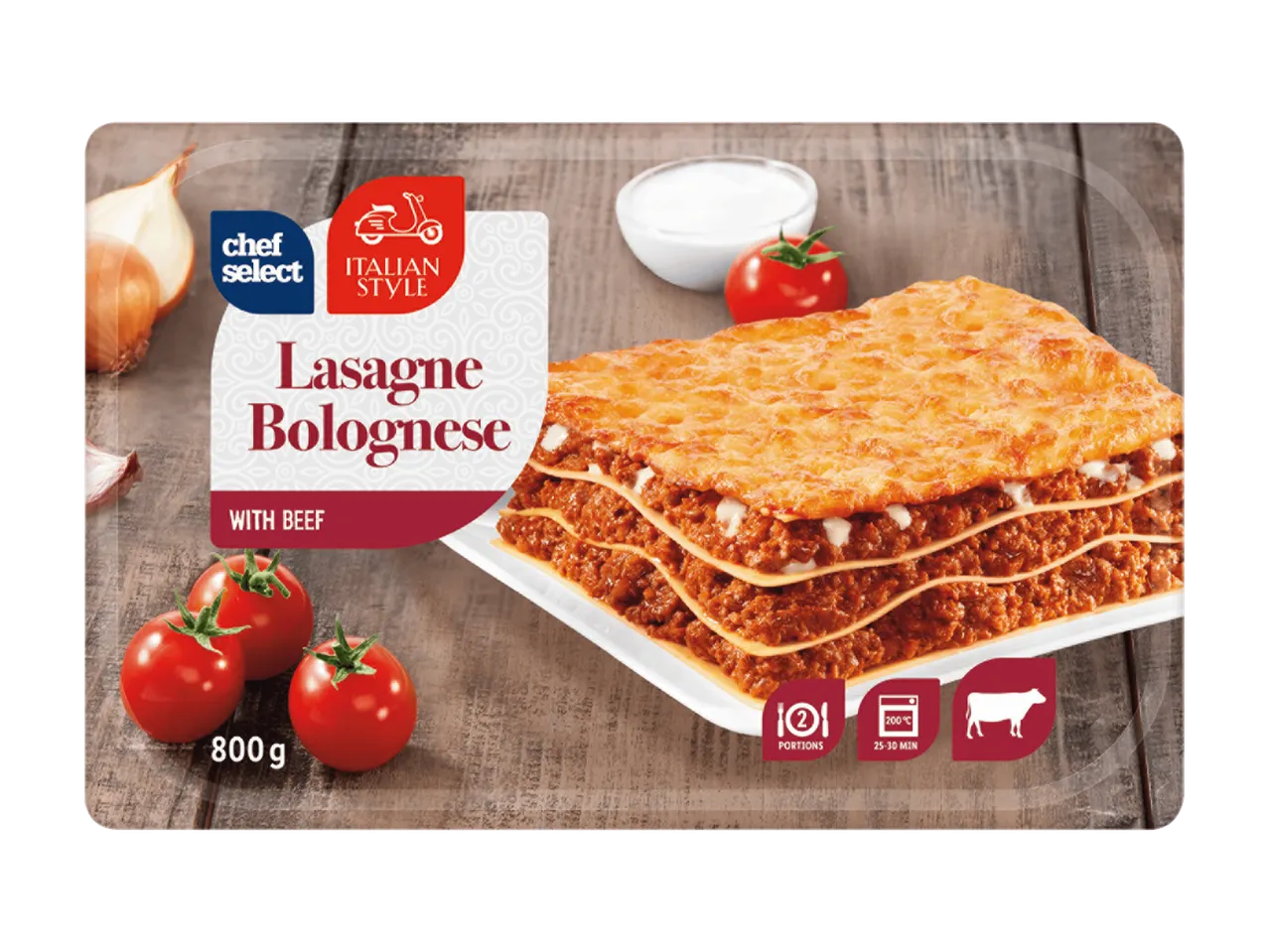 Lasagne bolognese naudanlihalla, 800g, tarjoiluohjeet ja ainesosat.