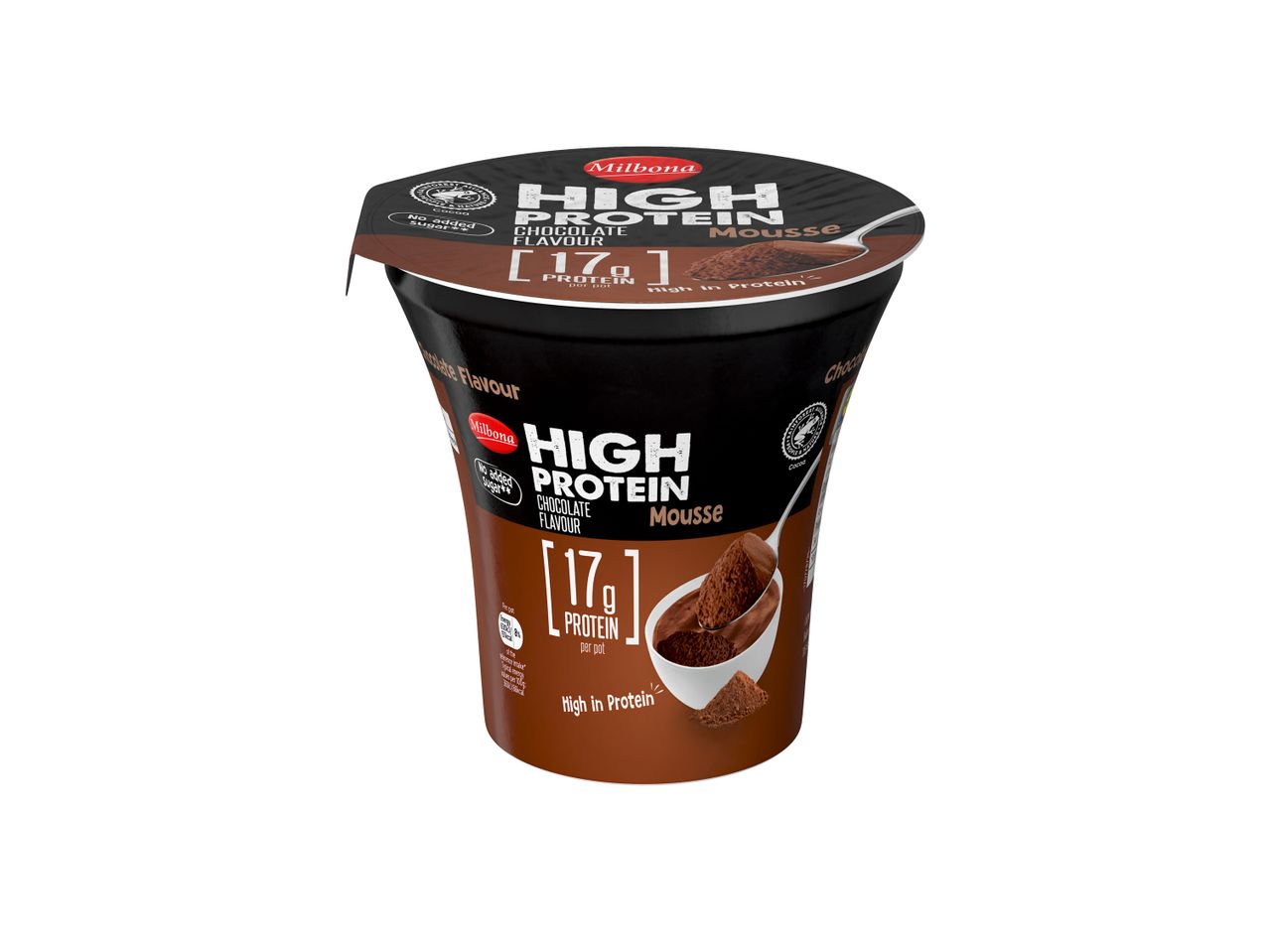 Milbona High Protein Chocolate Mousse with 17g protein per pot and no added sugar.