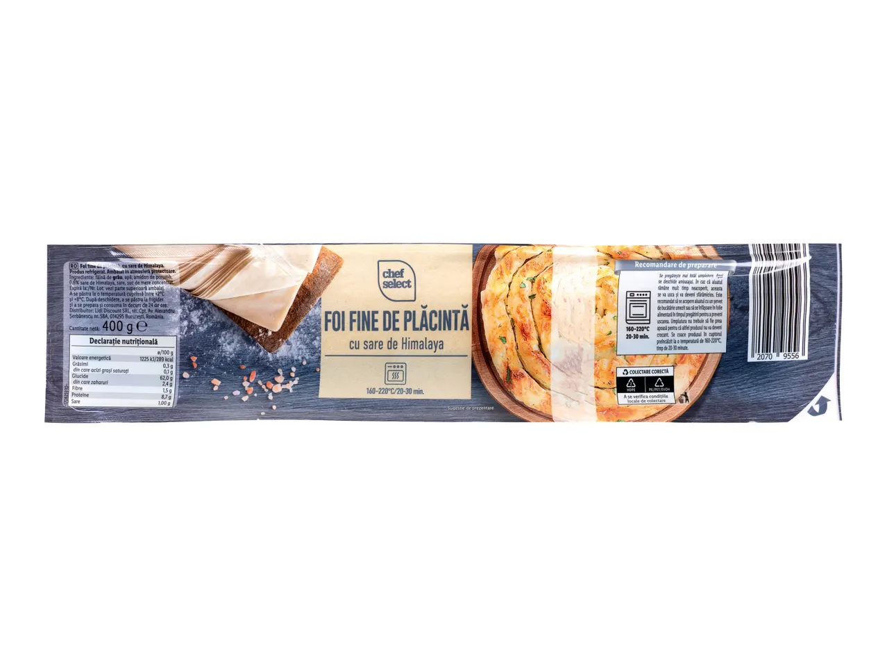 Foi fine de plăcintă Chef Select cu sare de Himalaya, cu instrucțiuni de preparare și informații nutriționale.