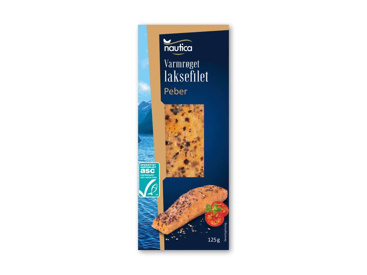 Varmrøget laksefilet med peber, 125g, med ASC-certificering.