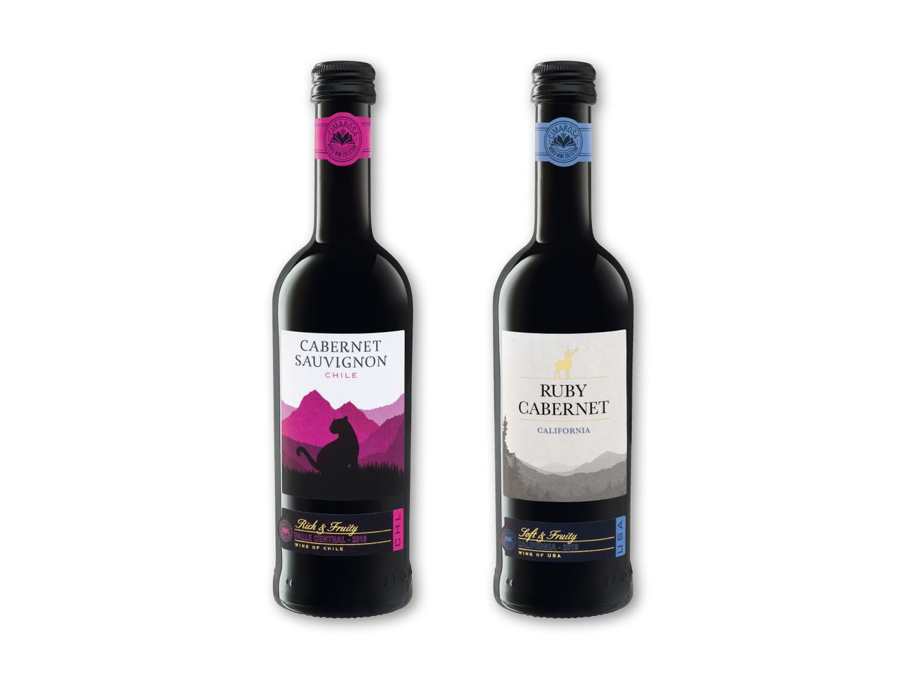 To flasker rødvin: en Cabernet Sauvignon fra Chile og en Ruby Cabernet fra Californien.