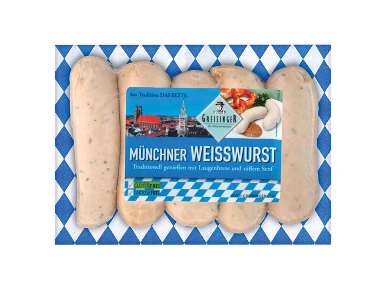 Pakovanje minhenskih belih kobasica Greisinger sa bavarskim uzorkom, perecom i senfom.