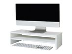 White monitor stand with a computer monitor and keyboard on a white background.