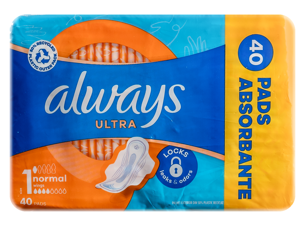 Always Ultra sugeriančios servetėlės, 40 vnt., su sparneliais, 50% perdirbtos plastiko pakuotėje.