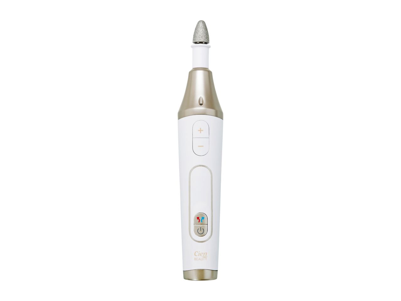 White and gold electric nail file with a conical grinding head and control buttons.
