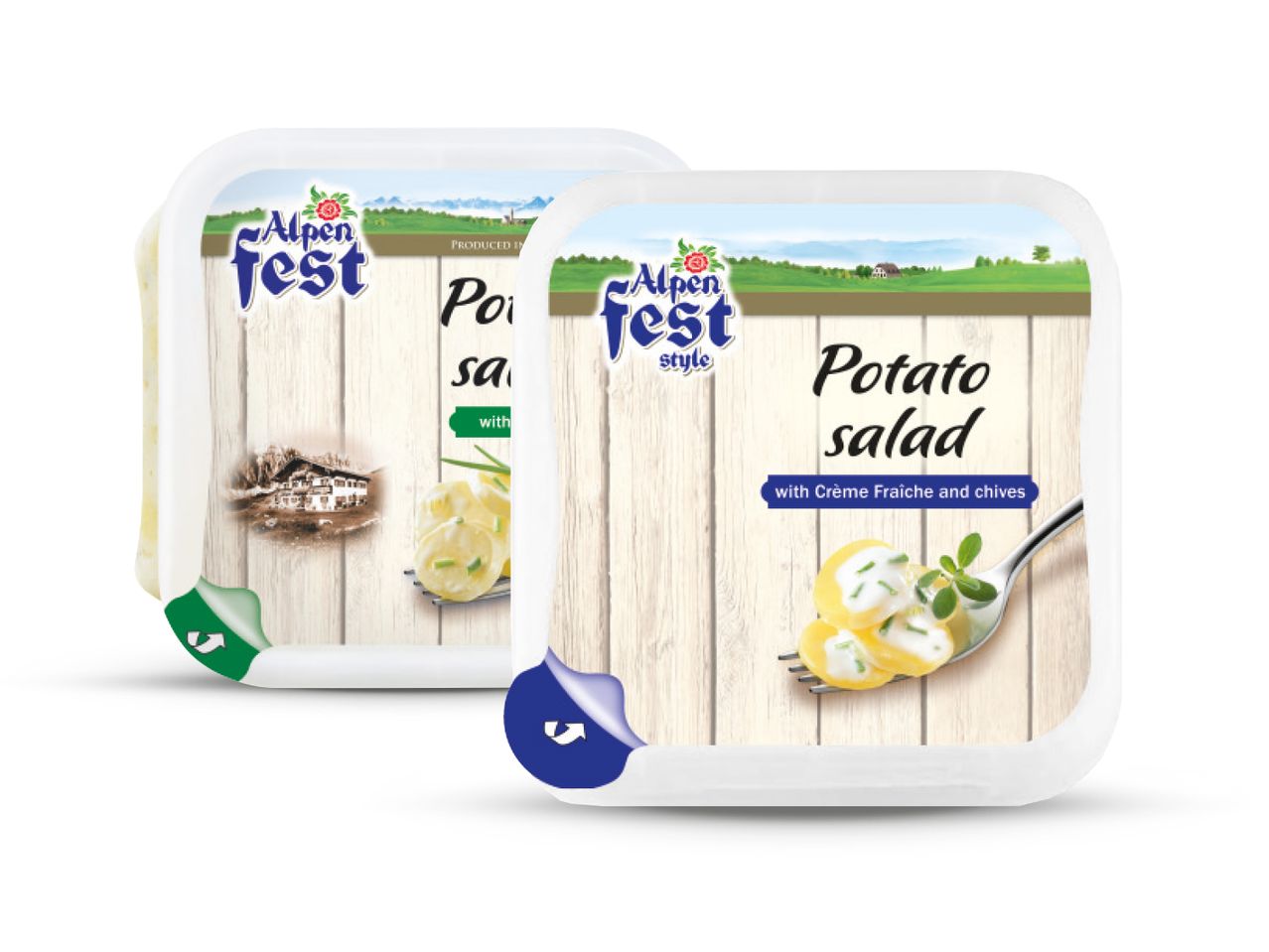Dva pakiranja Alpen Fest krumpir salate s crème fraîcheom i vlascem.