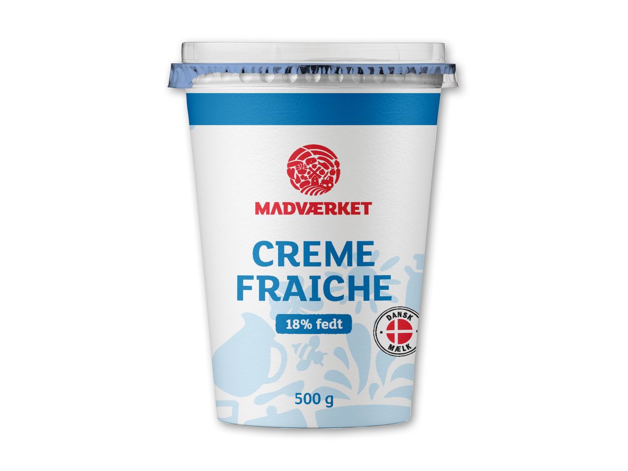 Bæger med creme fraiche, 18% fedt, 500g, med blåt bånd og rødt logo.