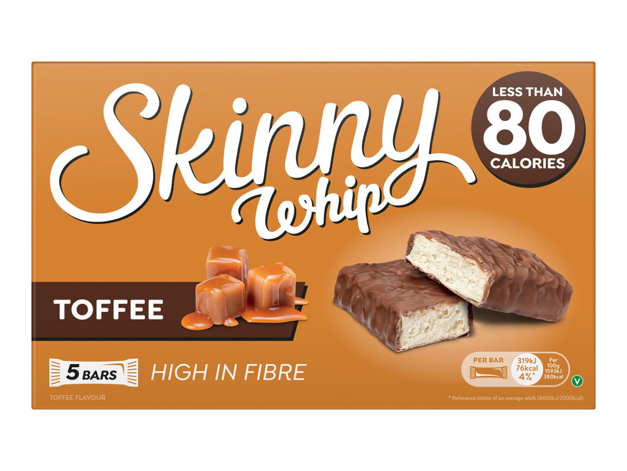 A box of 5 toffee flavour whip bars, high in fibre and under 80 calories.