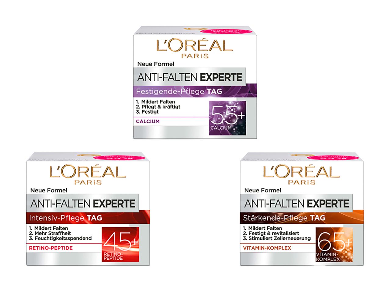 L'Oréal Paris Anti-Falten Experte Tagescremes für reife Haut 45+, 55+ und 65+.