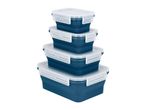 Stack of four collapsible blue food storage containers with white lids
